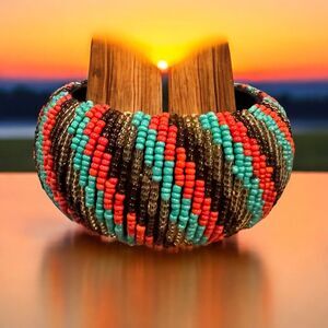Artisan Beaded Cuff Bracelet – Chevron Pattern Boho Southwest Style